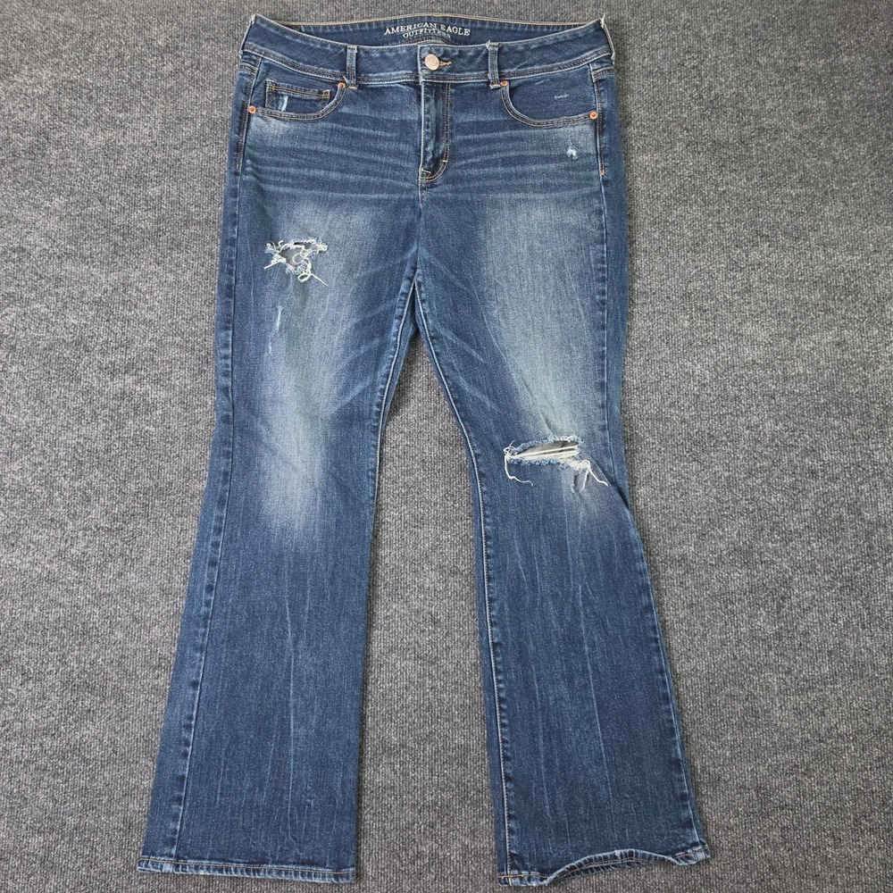 American Eagle Kick Boot Jeans Womens 16 LONG Dark Wash Distressed Mid Rise Blue